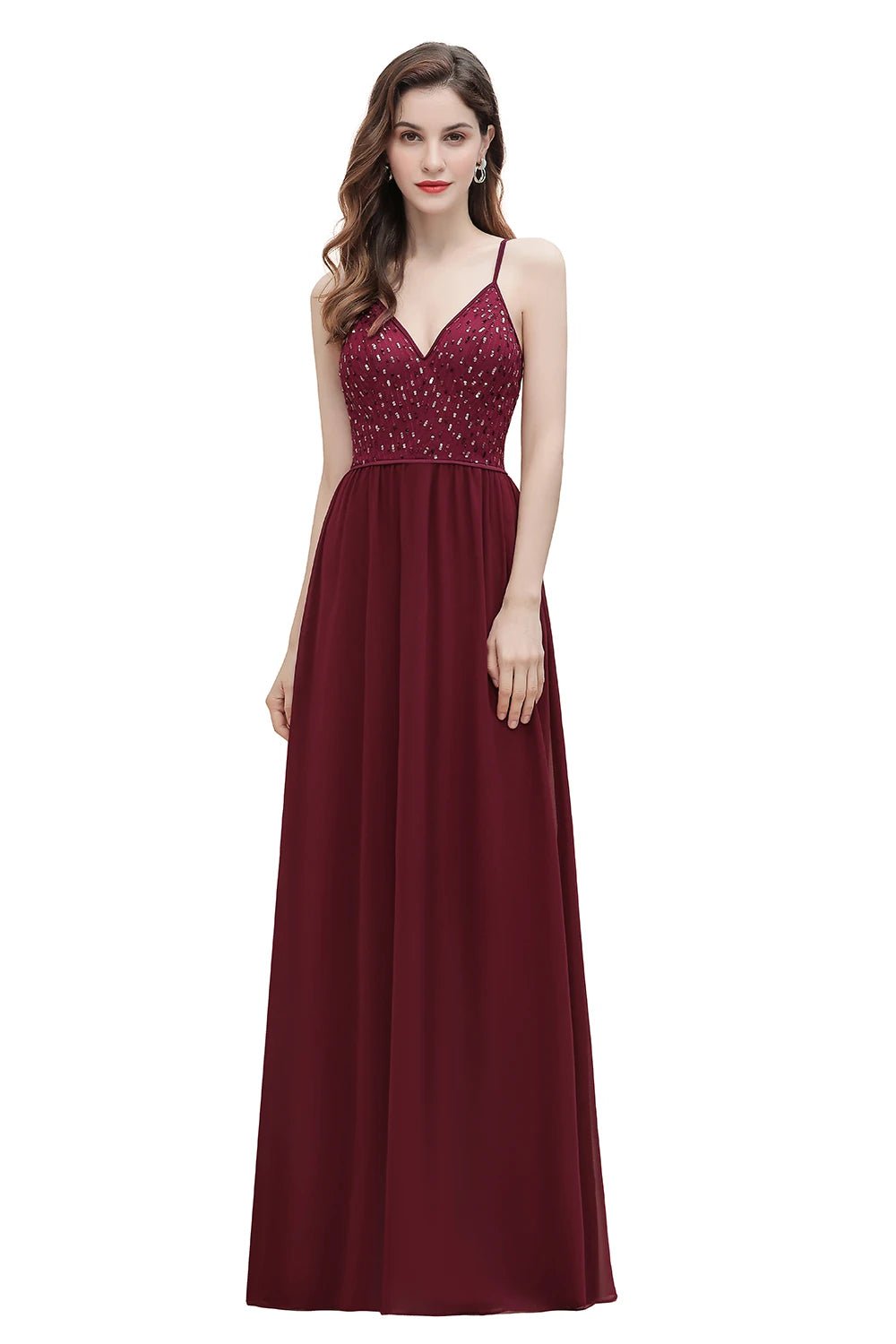 burgundy Floor Length A - Line Sequin And Chiffon Bridesmaid Dress 2