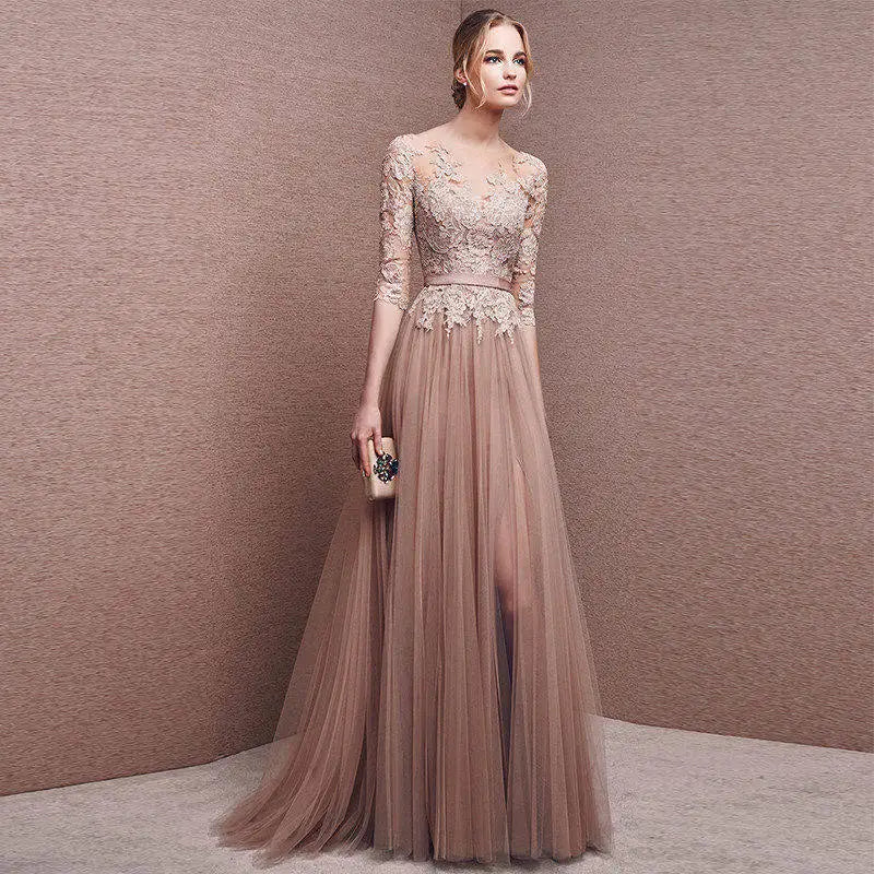 Half Sleeve Long Tulle  Bridesmaid Dress Lace Applique