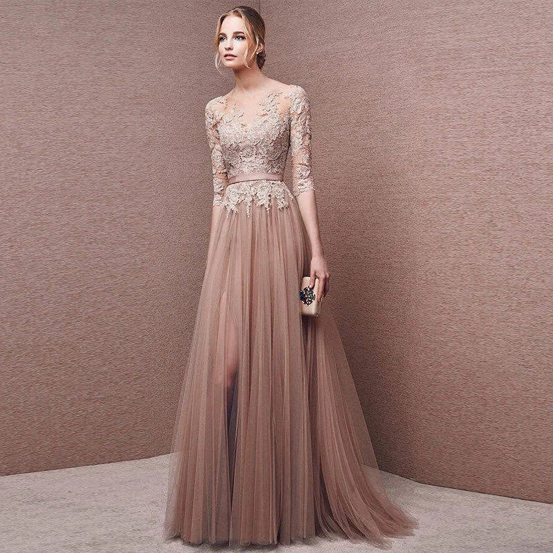 Half Sleeve Long Tulle  Bridesmaid Dress Lace Applique