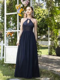 Navy blue Halter A - Line Chiffon Navy Blue Bridesmaid Dresses 2