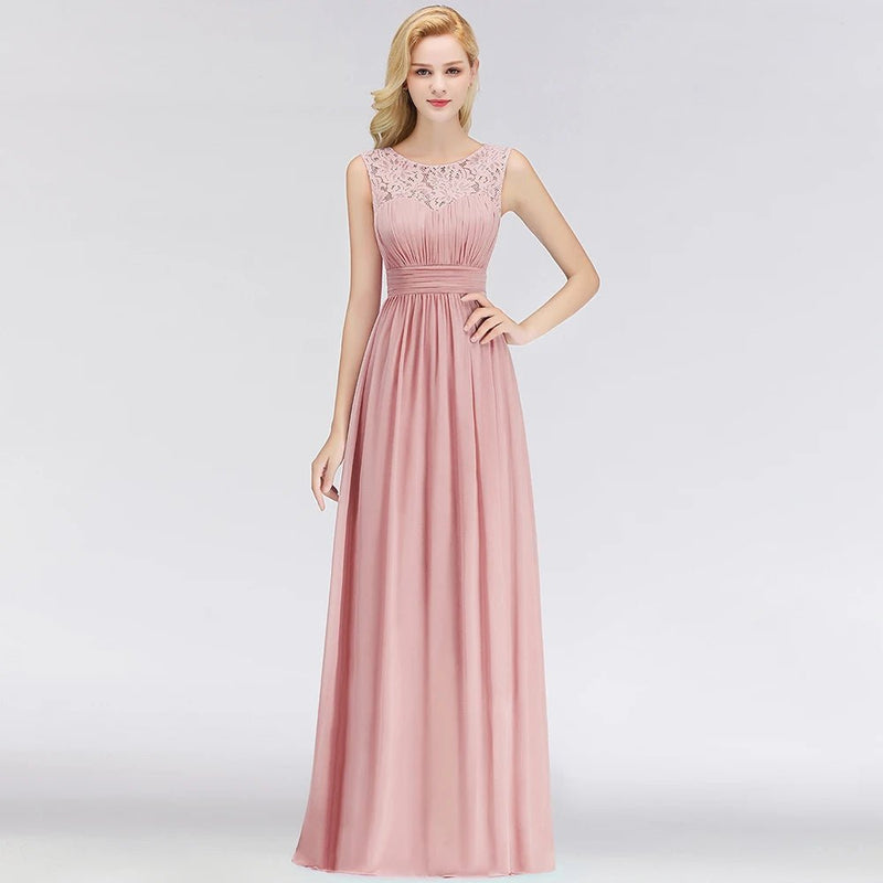 Lace Applique A-line Sleeveless Long Chiffon Bridesmaid Dress