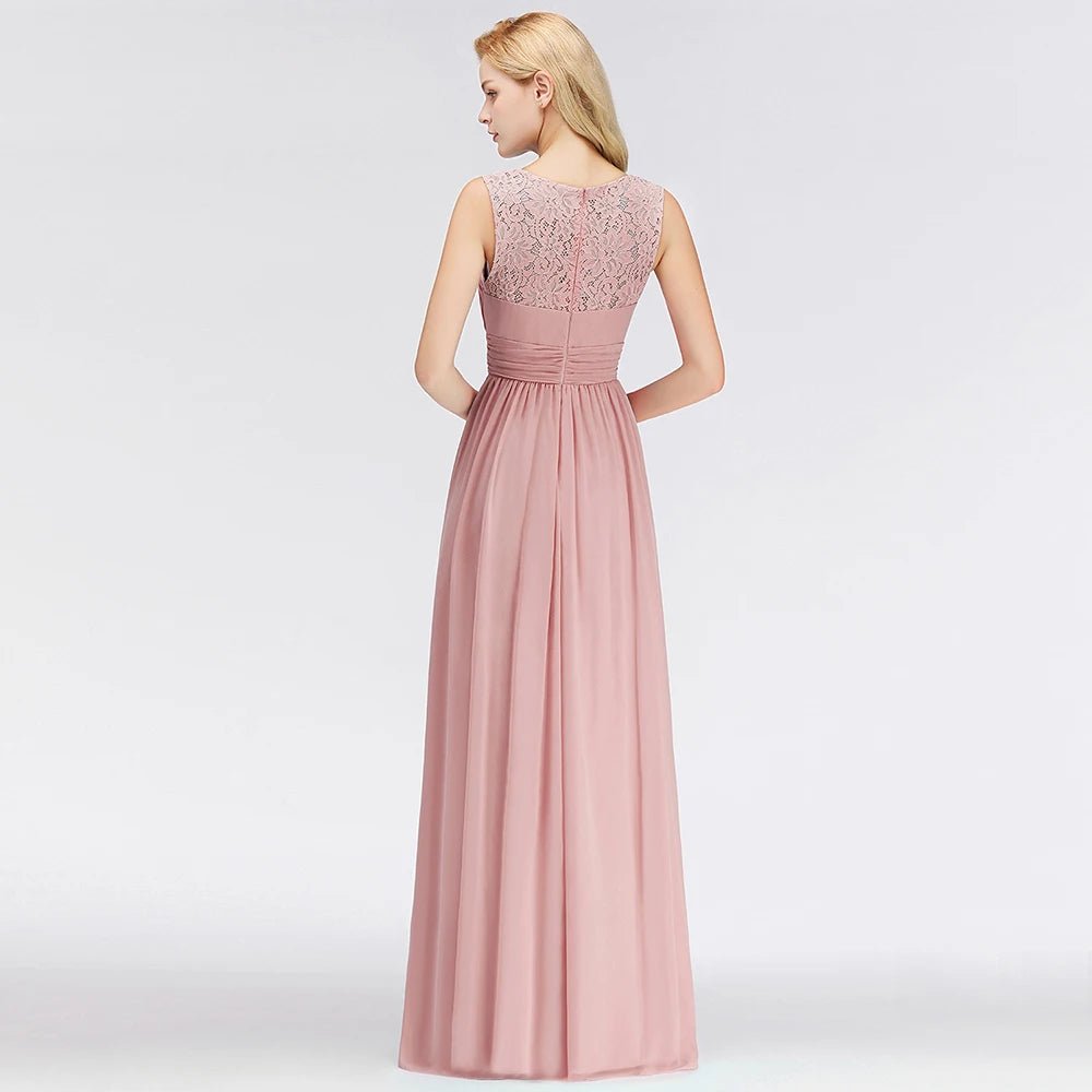 Pink Lace Applique A - line Sleeveless Long Chiffon Bridesmaid Dress 2