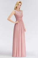 Pink Lace Applique A - line Sleeveless Long Chiffon Bridesmaid Dress 2