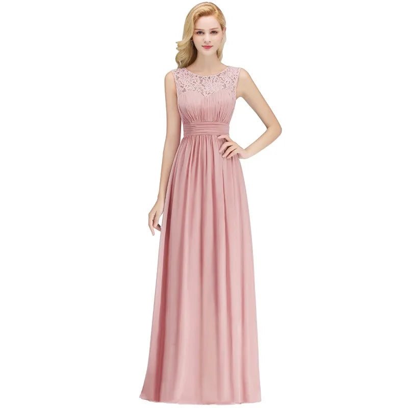 Pink Lace Applique A - line Sleeveless Long Chiffon Bridesmaid Dress 2