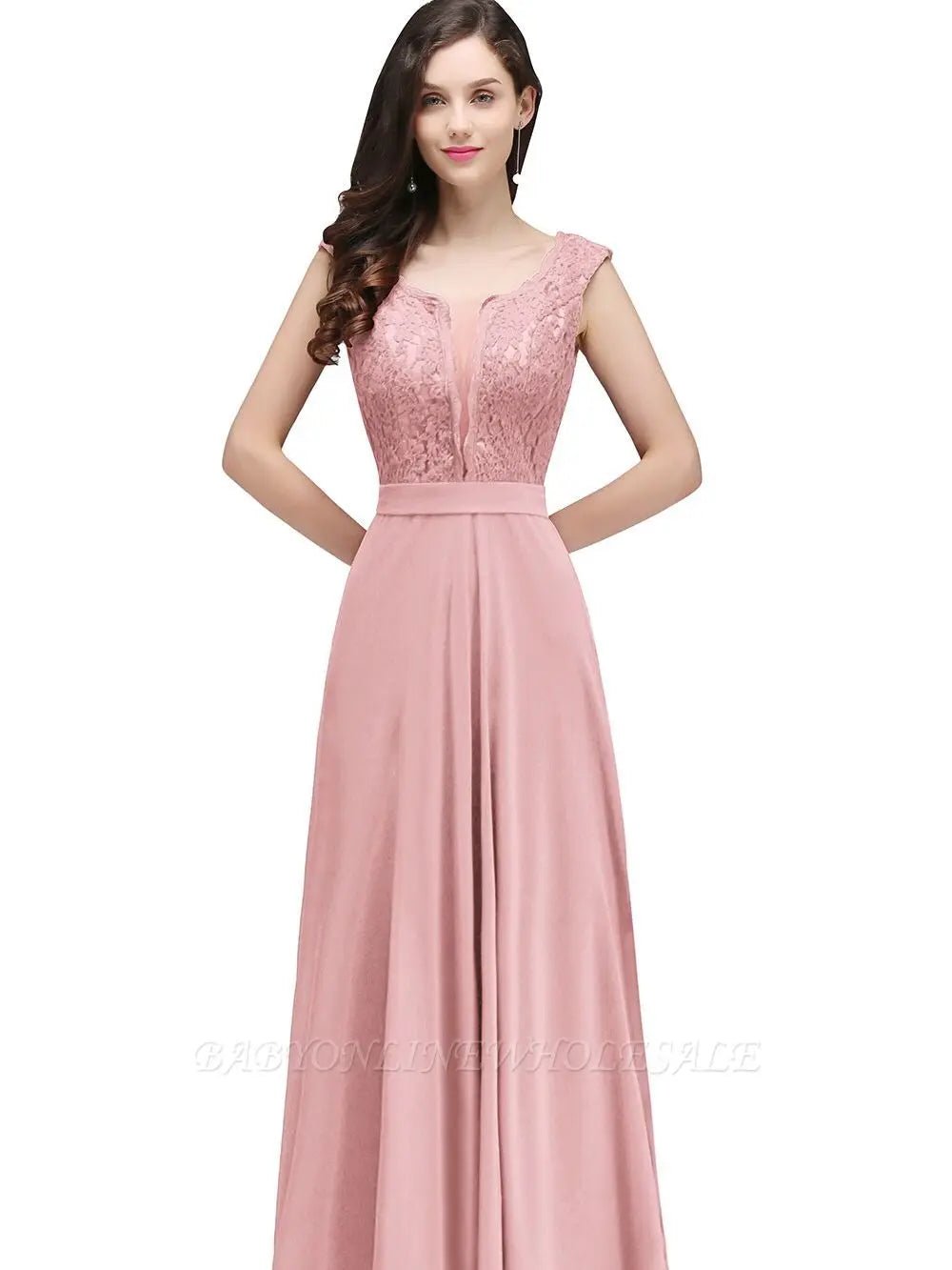 Dusty Pink Lace Applique Long Chiffon Bridesmaid Dress 2