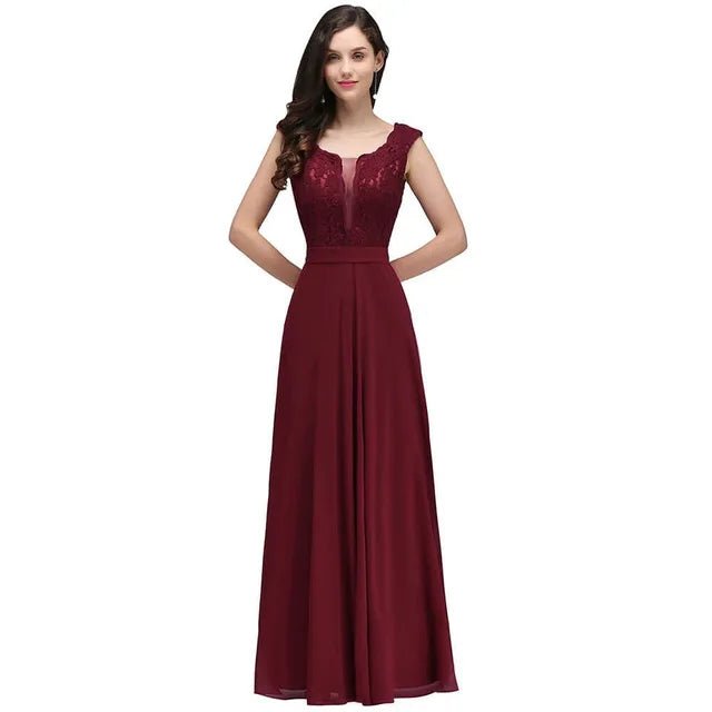 Burgundy Lace Applique Long Chiffon Bridesmaid Dress 2