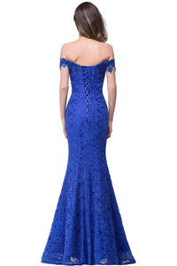 Royal Blue Lace Applique Off The Shoulder Mermaid Bridesmaid Dress 2