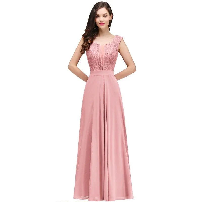 Pink Lace Appliques Scoop Neck Chiffon Bridesmaid Dress 2