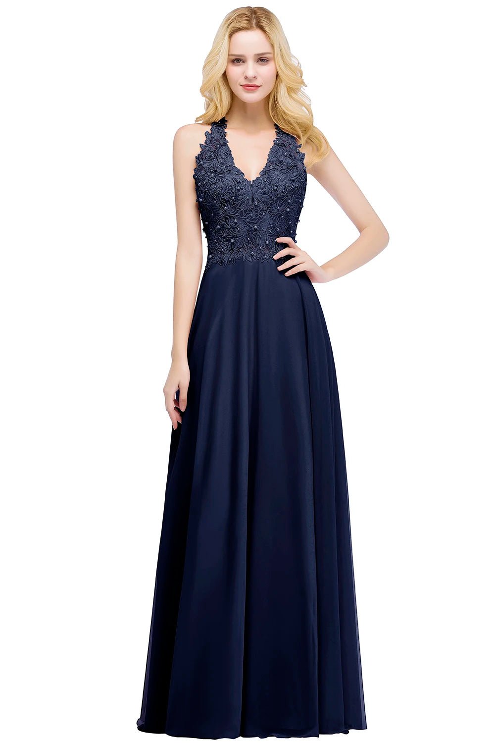 navy blue Lace Floral Embroidered Bridesmaid Dress 2