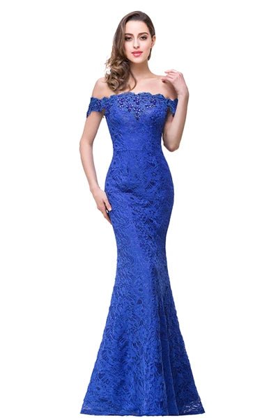 Royal Blue Lace Mermaid Off The Shoulder Bridesmaid Dress 2