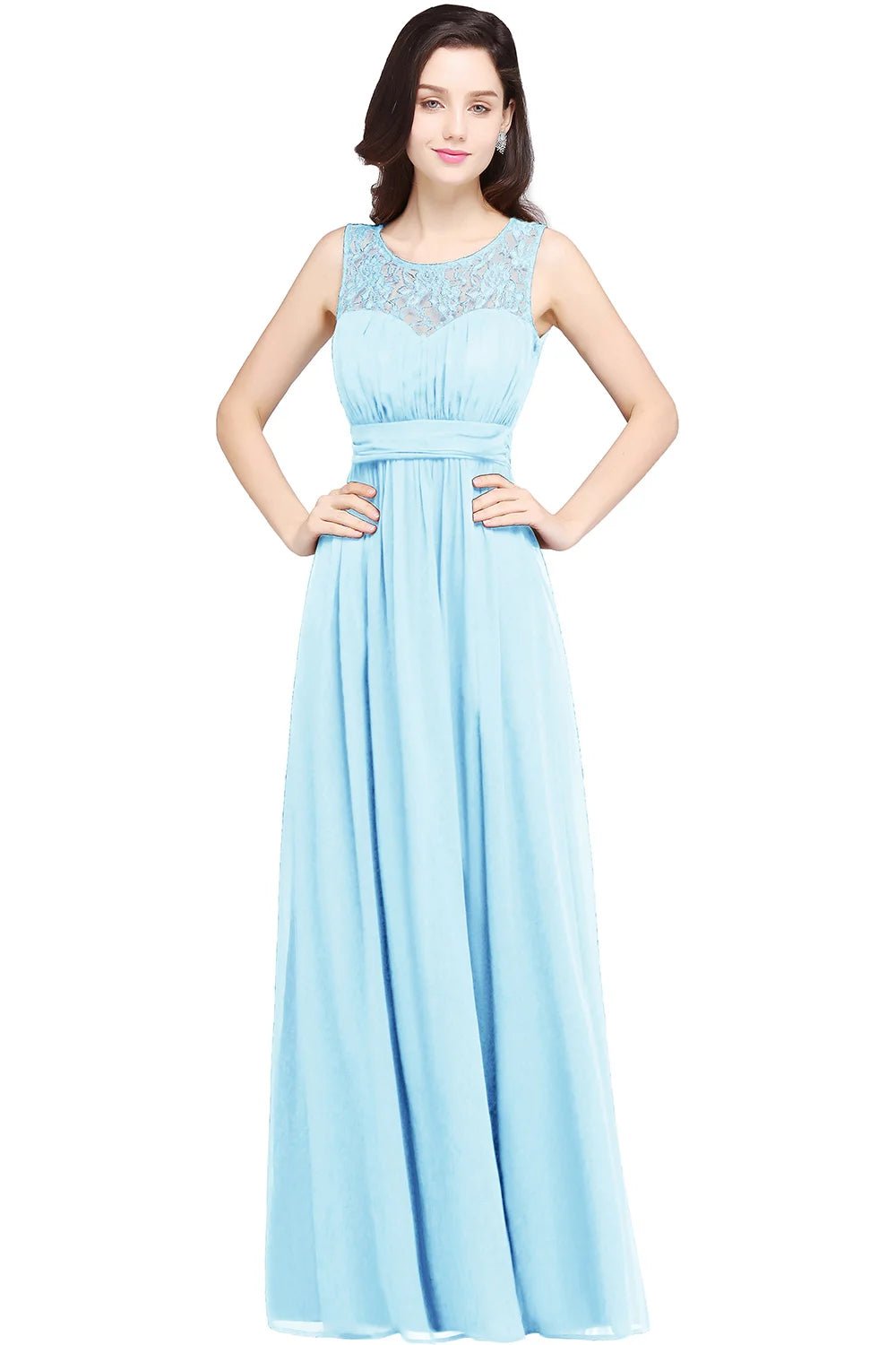 Sky Blue Lace O - Neck A - Line Chiffon Ruched Bridesmaid Dress 2