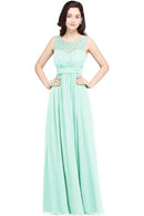 Mint Green Lace O - Neck A - Line Chiffon Ruched Bridesmaid Dress 2