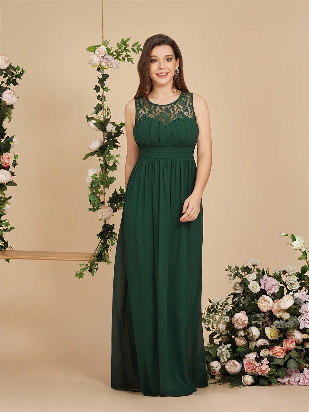 Dark Green Lace O - Neck A - Line Chiffon Ruched Bridesmaid Dress 2