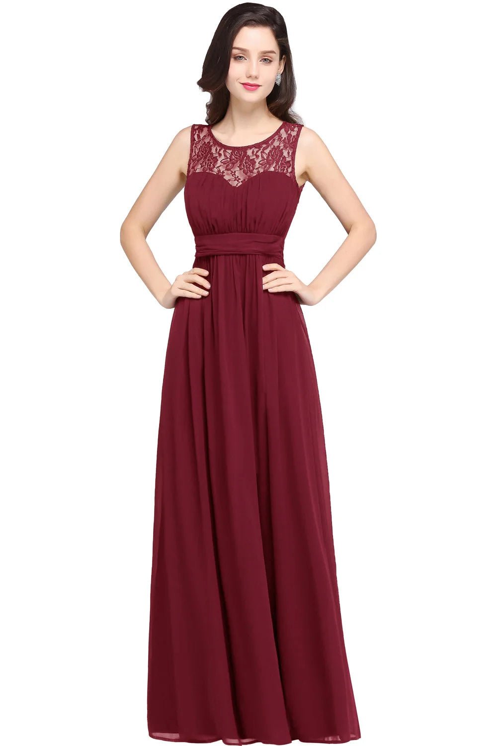 Burgundy Lace O - Neck A - Line Chiffon Ruched Bridesmaid Dress 2