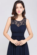 Navy Blue Lace O - Neck A - Line Chiffon Ruched Bridesmaid Dress 2