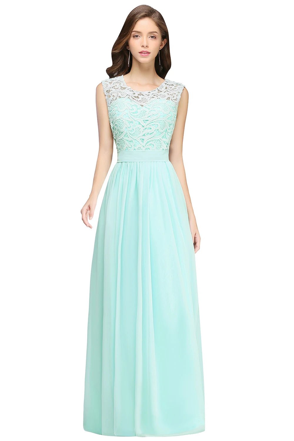 Mint green Lace O - Neck Sleeveless A - Line Chiffon Bridesmaid Dress 2