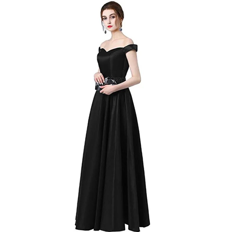 Black Lace Up A - Line Satin Off The Shoulder Bridesmaid Dress 2