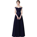 Navy Blue Lace Up A - Line Satin Off The Shoulder Bridesmaid Dress 2