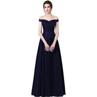 Navy Blue Lace Up A - Line Satin Off The Shoulder Bridesmaid Dress 2