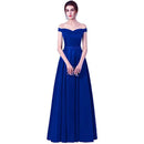 Royal Blue Lace Up A - Line Satin Off The Shoulder Bridesmaid Dress 2