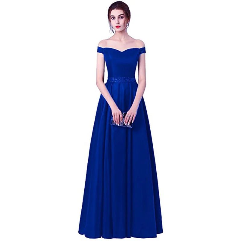 Royal Blue Lace Up A - Line Satin Off The Shoulder Bridesmaid Dress 2