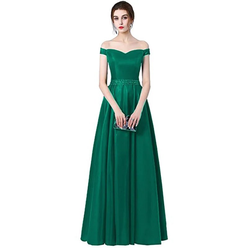 green Lace Up A - Line Satin Off The Shoulder Bridesmaid Dress 2