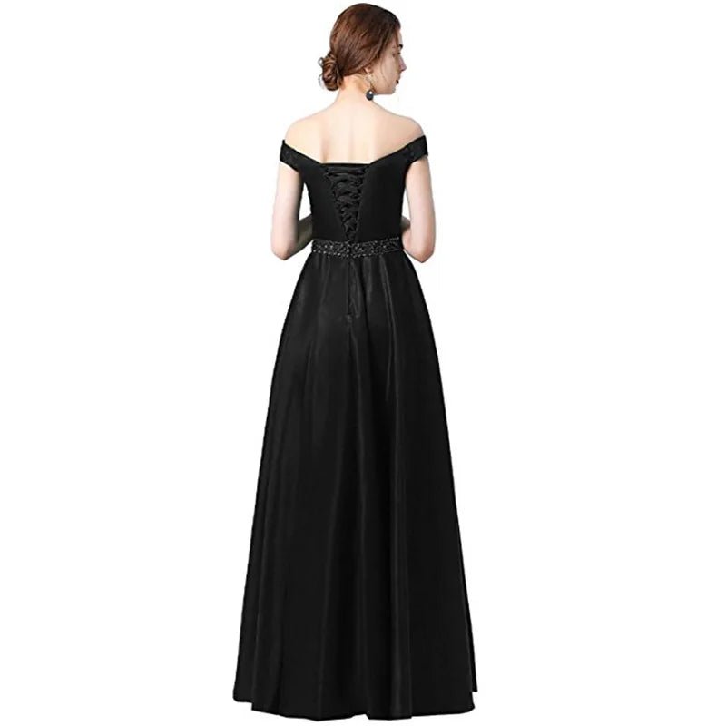 Black Lace Up A - Line Satin Off The Shoulder Bridesmaid Dress 2