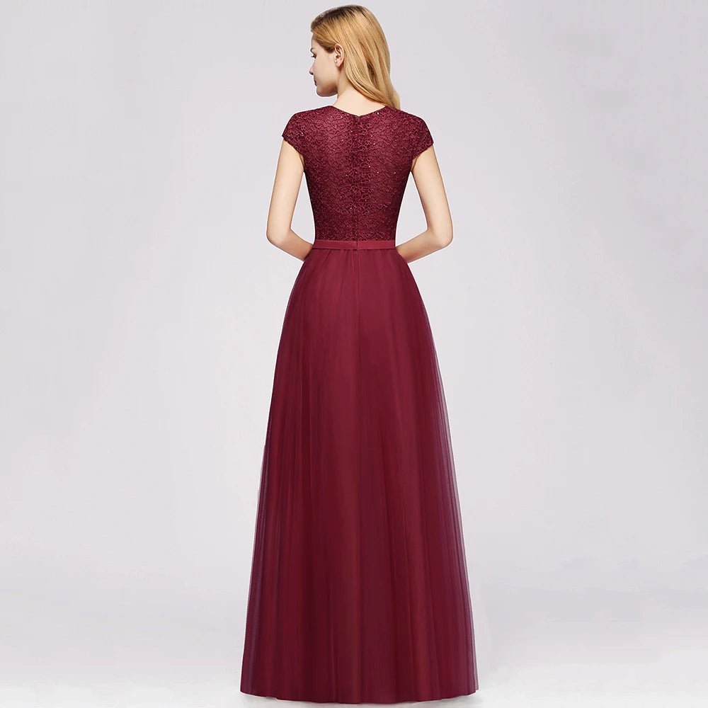 Burgundy Long Tulle Bridesmaid Dress With Sequins Diamonds 2