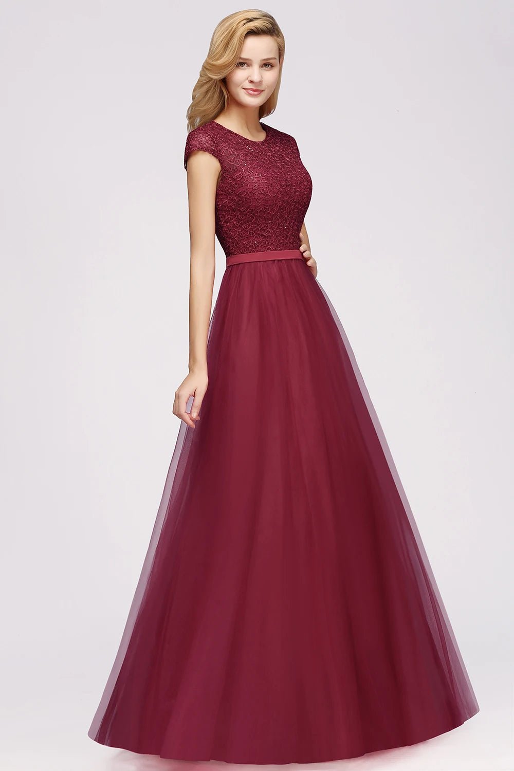 Burgundy Long Tulle Bridesmaid Dress With Sequins Diamonds 2