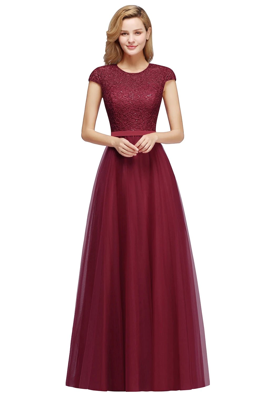 Burgundy Long Tulle Bridesmaid Dress With Sequins Diamonds 2