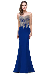 Royal Blue Mermaid Bridesmaid Dresses With Golden Applique 2