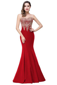 Red Mermaid Bridesmaid Dresses With Golden Applique 2