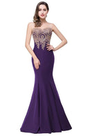 Dark Purple Mermaid Bridesmaid Dresses With Golden Applique 2