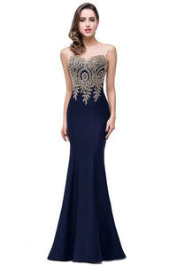 Navy Blue Mermaid Bridesmaid Dresses With Golden Applique 2