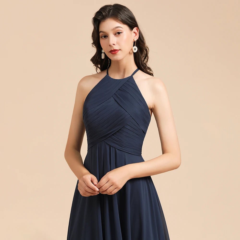 Navy Blue Navy Blue Halter A - Line Sleeveless Chiffon Bridesmaid Dress 2