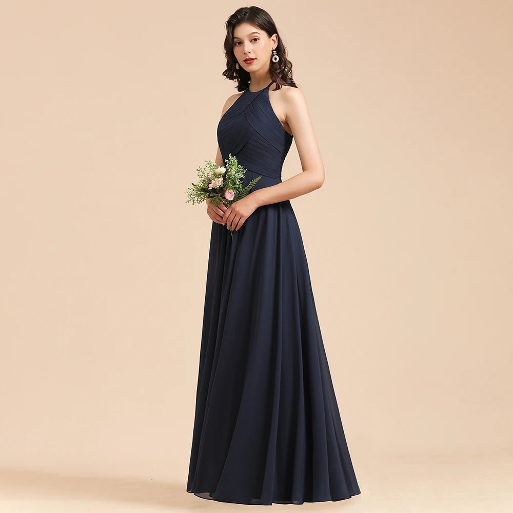 Navy Blue Halter A-Line Sleeveless Chiffon Bridesmaid Dress