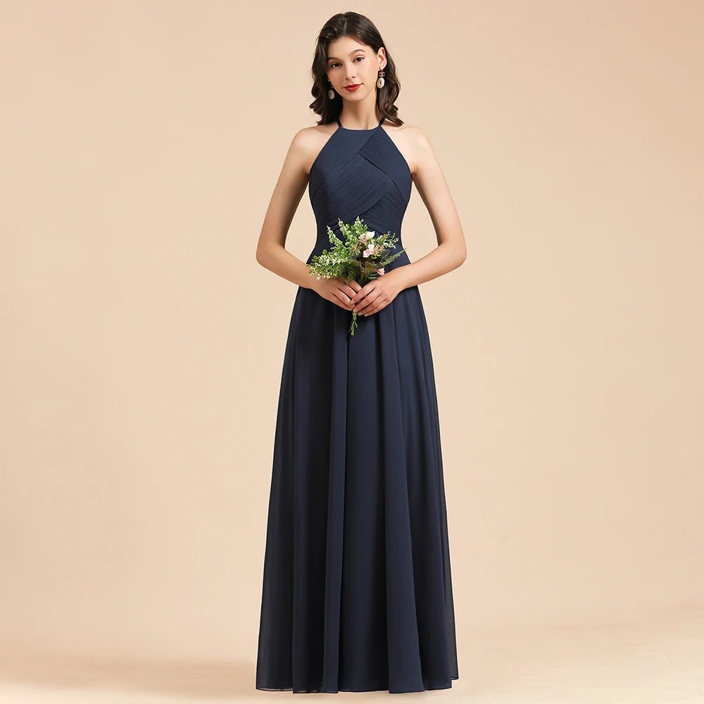 Navy Blue Halter A-Line Sleeveless Chiffon Bridesmaid Dress