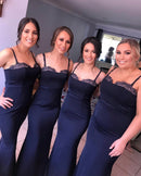 Navy Blue Navy Blue Spaghetti Straps Satin Formal Mermaid Bridesmaid Dress 2