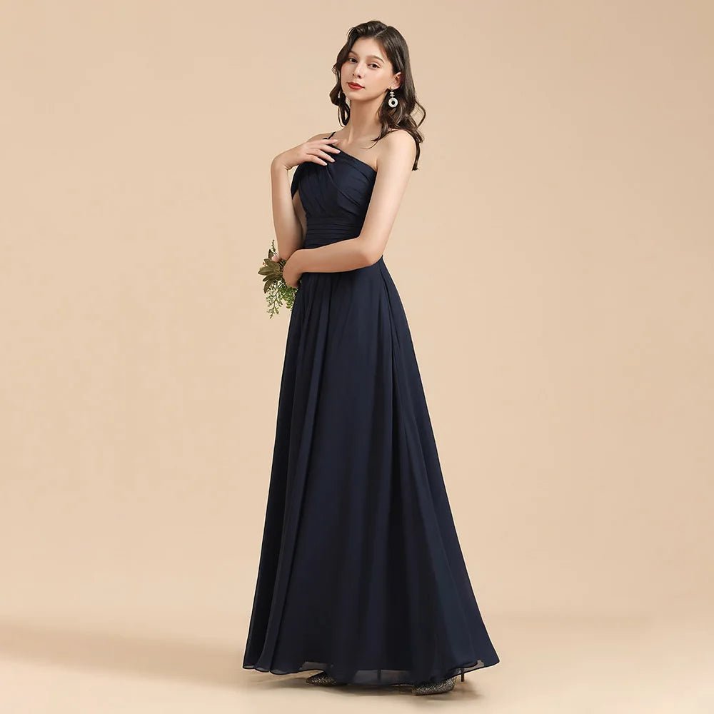 Navy Blue Navy Blue Strapless One Shoulder Chiffon Bridesmaid Dress 2