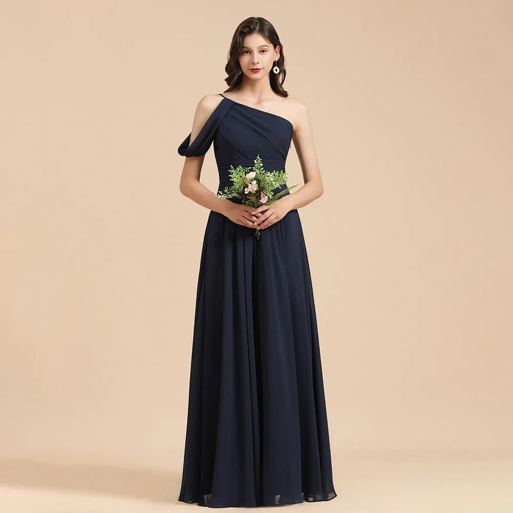 Navy Blue Strapless One Shoulder Chiffon Bridesmaid Dress