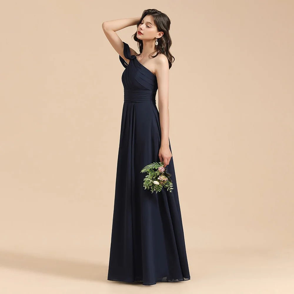 Navy Blue Navy Blue Strapless One Shoulder Chiffon Bridesmaid Dress 2