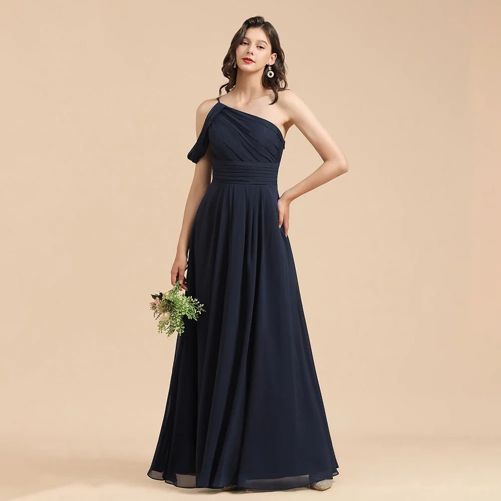 Navy Blue Navy Blue Strapless One Shoulder Chiffon Bridesmaid Dress 2