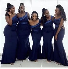 Navy Blue Navy One Shoulder Satin Mermaid Bridesmaid Dress 2