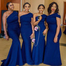 Navy Blue Navy One Shoulder Satin Mermaid Bridesmaid Dress 2