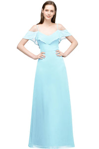 Sky Blue Off the Shoulder Chiffon Bridesmaid Dress Elegant A - Line Cut 2