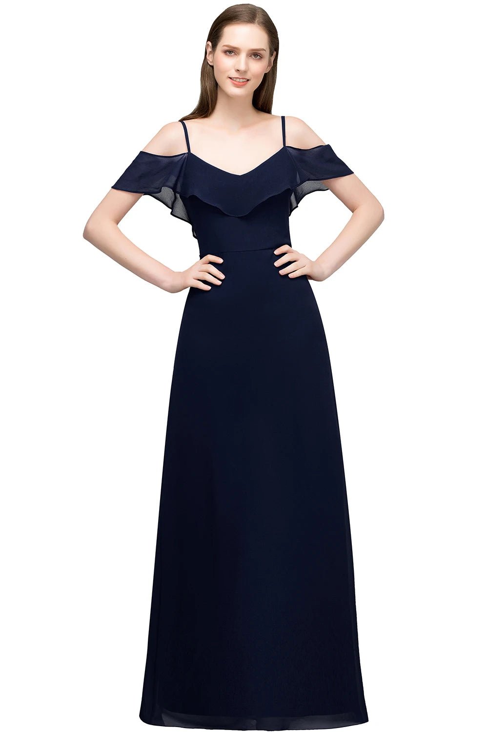 Navy Blue Off the Shoulder Chiffon Bridesmaid Dress Elegant A - Line Cut 2