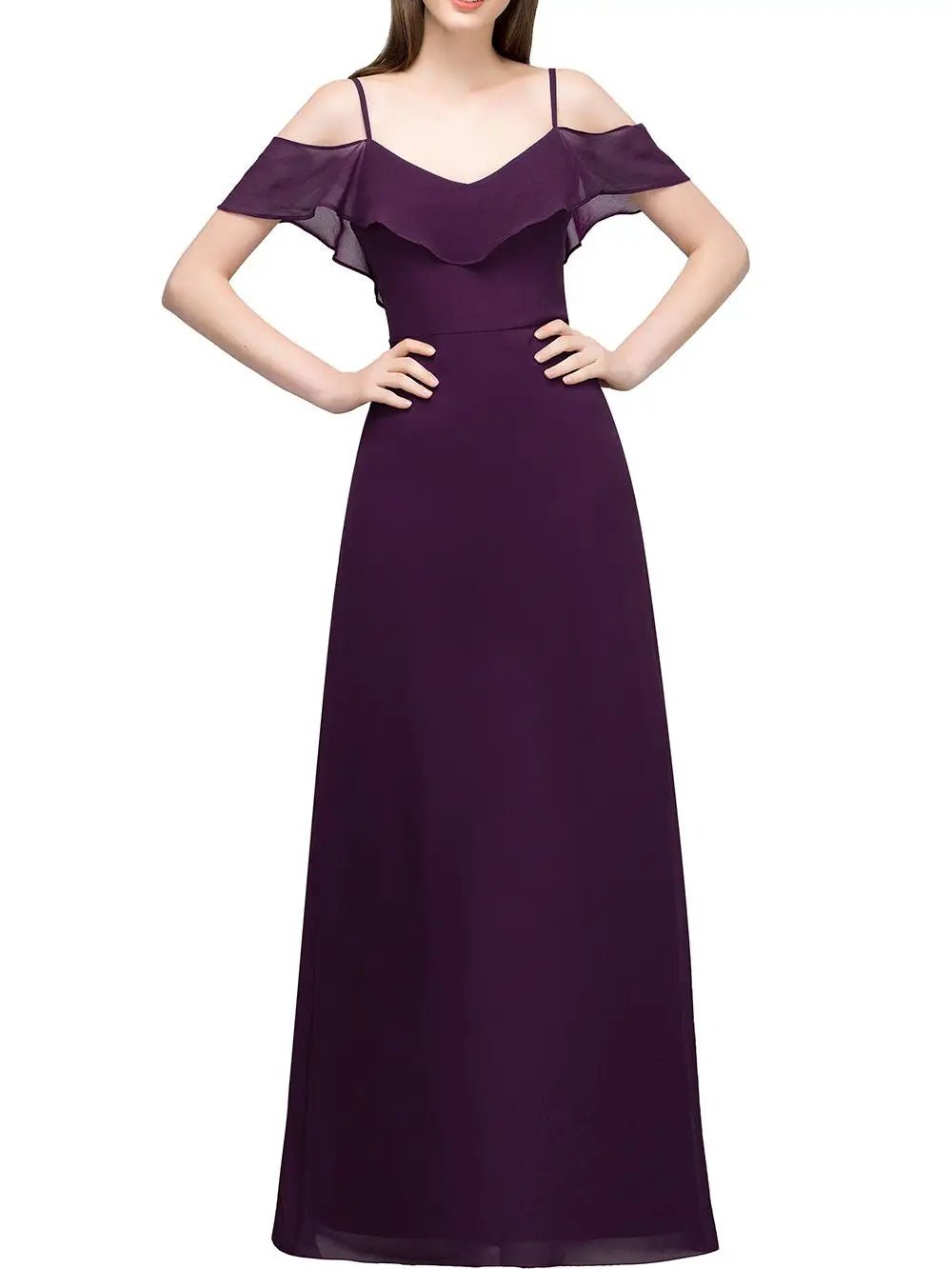 Purple Off the Shoulder Chiffon Bridesmaid Dress Elegant A - Line Cut 2