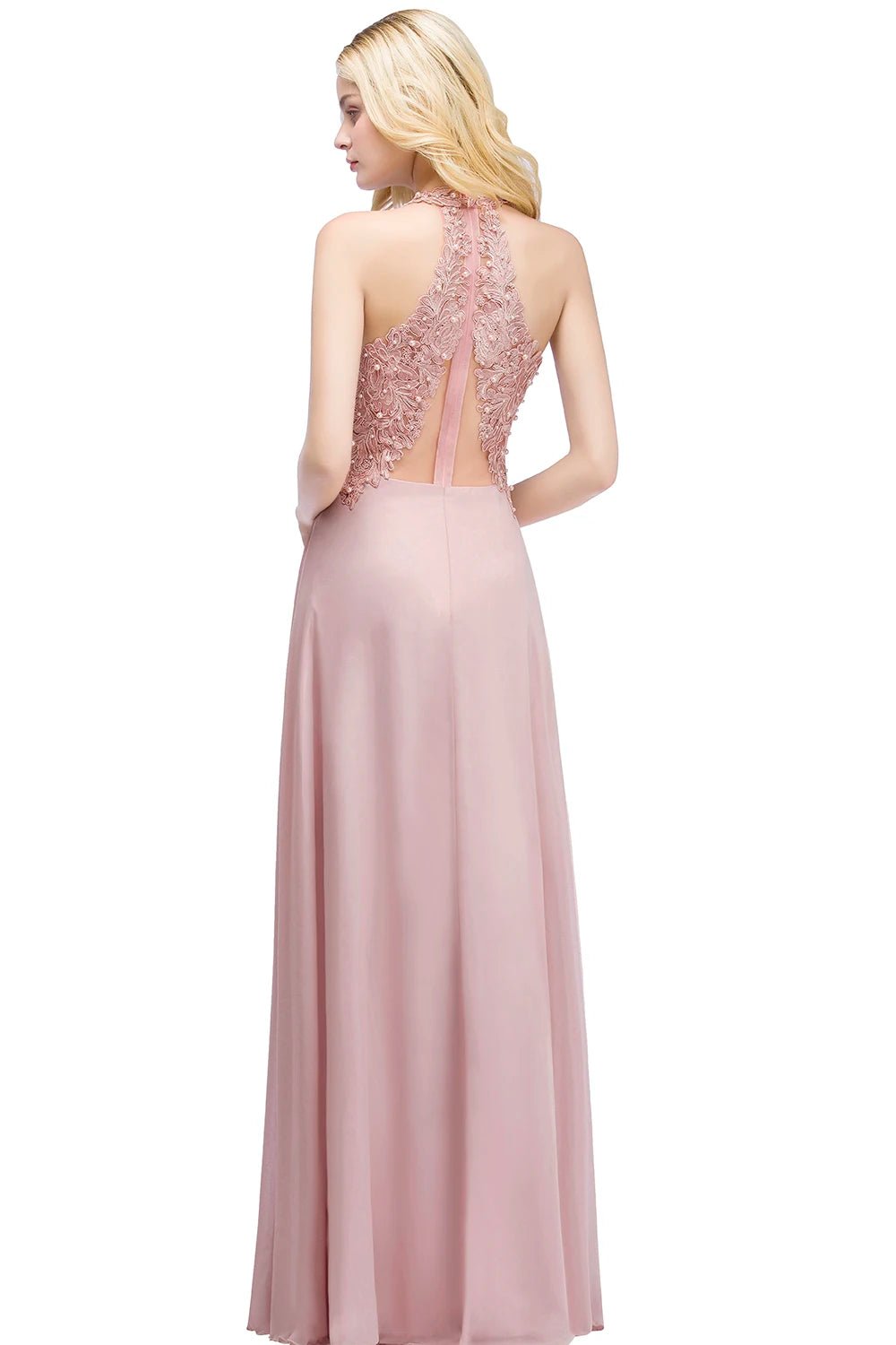 Pearls Applique V-Neck Sleeveless Chiffon Long Bridesmaid Dress