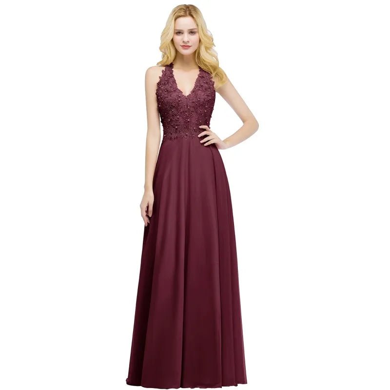 Burgundy Pearls Applique V - Neck Sleeveless Chiffon Long Bridesmaid Dress 2