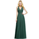 Dark Green Pearls Applique V - Neck Sleeveless Chiffon Long Bridesmaid Dress 2